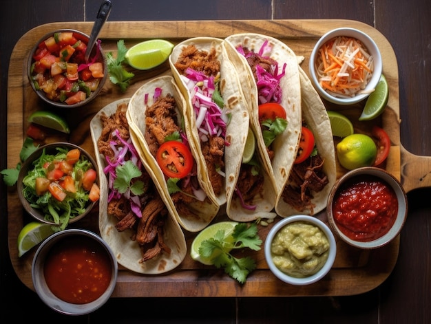 ein Tablett mit Tacos mit verschiedenen Saucen und Salsa