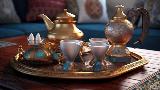 Ein Tablett mit Tee- und Kaffeetassen mit einer goldenen Platte, auf der „Tee“ steht
