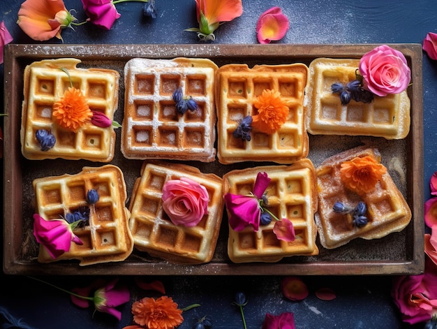 Ein Tablett mit Waffeln, garniert mit Früchten und Blumen, generatives KI-Bild