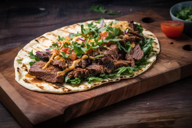 Ein Taco mit Fleisch und Gemüse auf einem Holzbrett