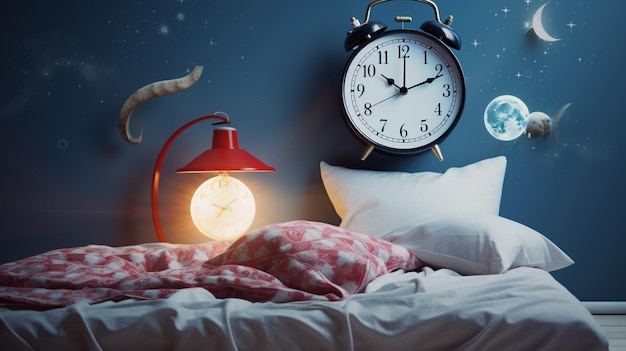 Ein Tag des Schlafes der Wecker steht über dem Bett generative KI