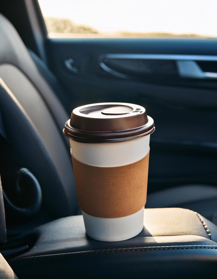 Ein Takeaway-Kaffeebecher in einem Auto während einer Fahrt bei Sonnenuntergang
