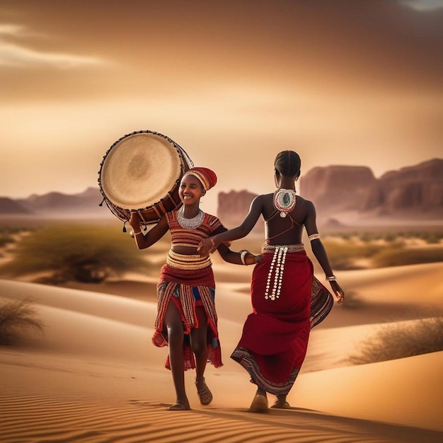 Foto ein tam-tam-schlagzeuger in der wüste mit einem jungen afrikanischen mädchen, das in traditionellem kleid tanzt