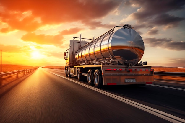 Ein Tankwagen fährt auf der Autobahn gegen einen wunderschönen Sonnenuntergang, der den Langstreckenverkehr symbolisiert