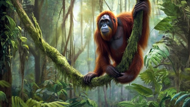 Ein Tapanuli-Orang-Utan schwingt von Ast zu Ast. Generative KI