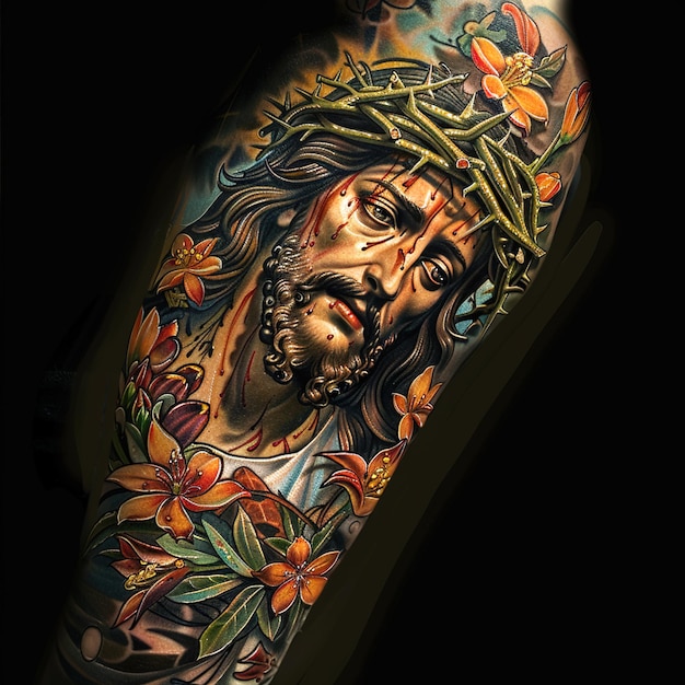 ein Tattoo von Jesus mit Blumen und einem Kreuz auf seinem Arm