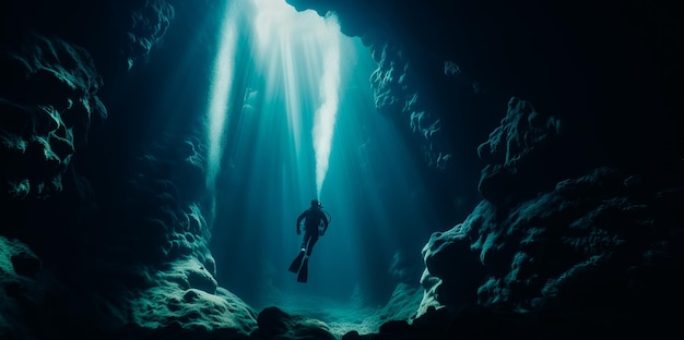 Ein Taucher in einer Höhle, auf die das Licht scheint.