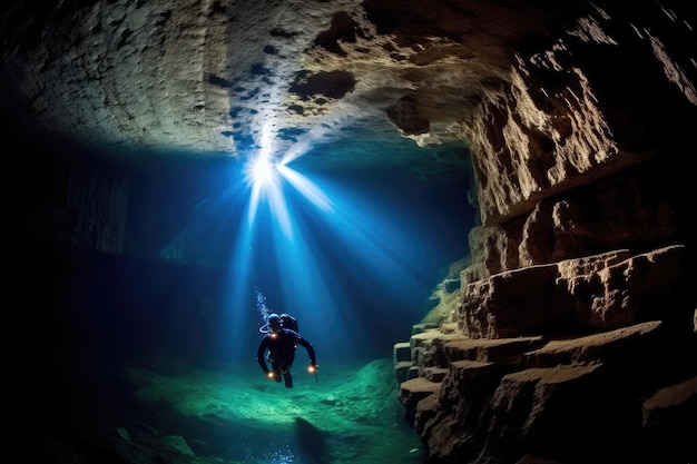 Ein Taucher in einer Höhle mit eingeschaltetem Licht
