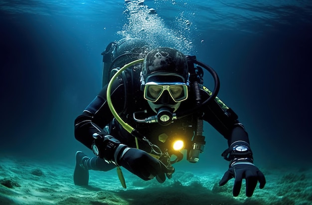 Ein Taucher schwimmt mit Handschuh und Schutzbrille unter Wasser.
