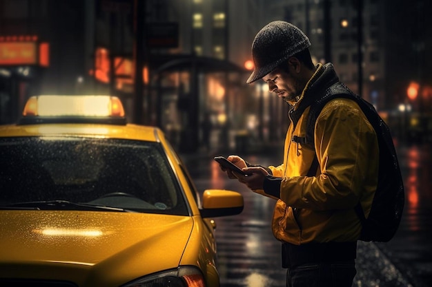 Ein Taxifahrer überprüft sein Telefon, während er im Regen steht.