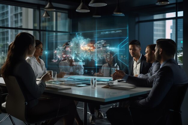 Ein Team in einem Vorstandssaal mit einem holographischen Display Generative ai