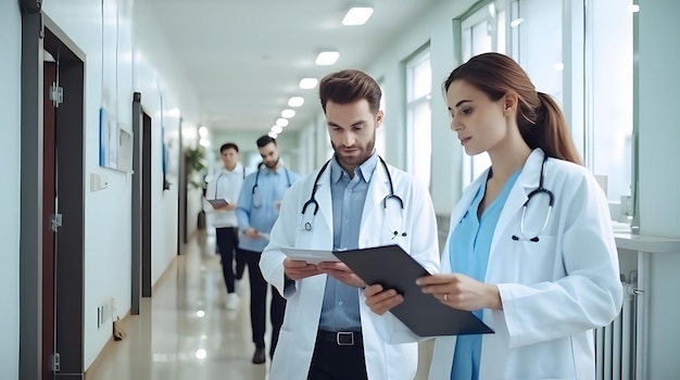 Ein Team junger Fachärzte überprüft Dokumente im Korridor des Krankenhauses