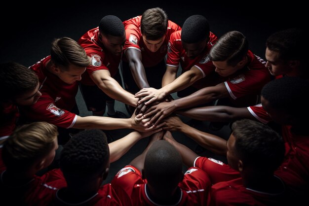 Foto ein team junger fußballspieler stapelt die hände vor dem spiel