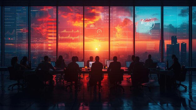 Foto ein team-treffen bei sonnenaufgang, die silhouette gegen ein großes fenster mit blick auf eine stadt, die erwacht