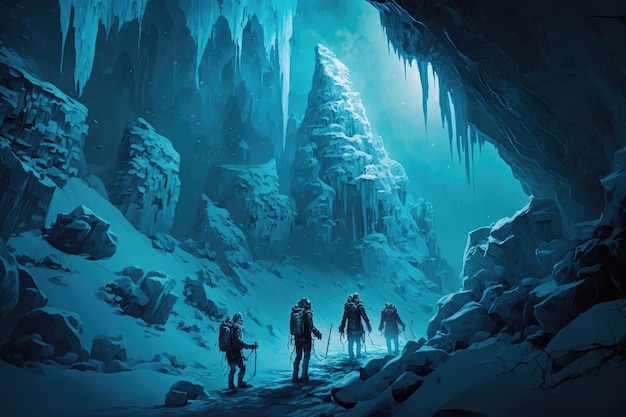 Ein Team von Bergsteigern durchquert eine gefrorene Höhle mit Eiszapfen, die von der Decke hängen und eisblau sind