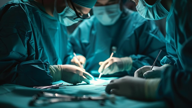Ein Team von Chirurgen in Schuppen und Masken führt eine Operation in einem Operationssaal eines Krankenhauses durch. Der Schwerpunkt liegt auf den Händen der Chirurgen, während sie arbeiten.