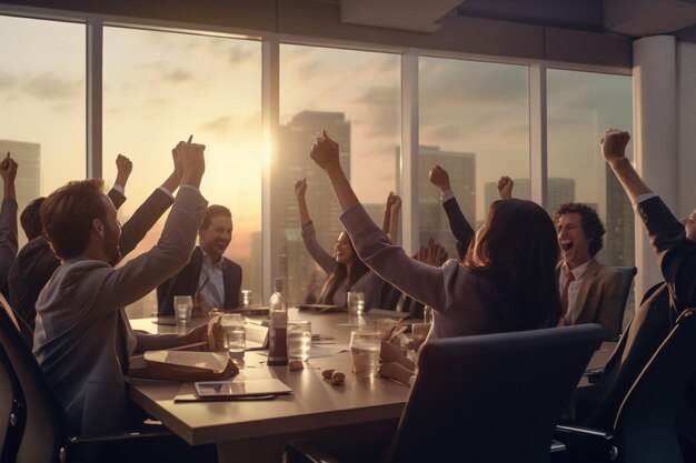 Ein Team von Fachleuten hebt ihre Hände in einer generativen AI