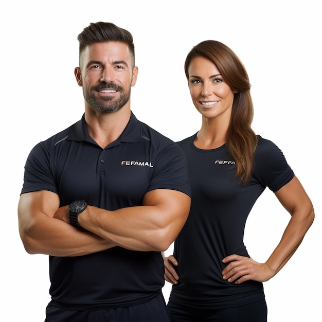 Foto ein team von fitness-coaches, mann und frau, isoliert auf weißem hintergrund