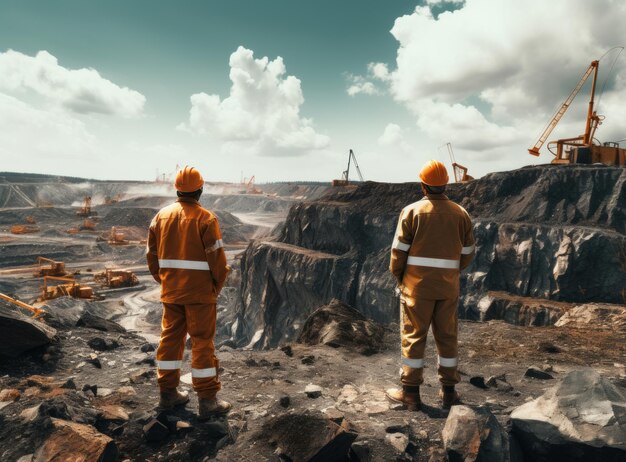 Ein Team von Ingenieuren steht in der offenen Grube und schaut auf die Baustelle