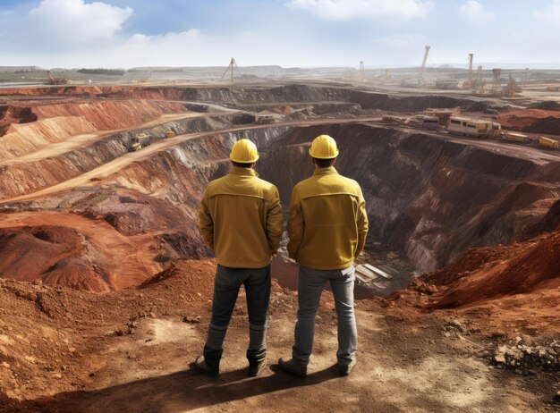 Ein Team von Ingenieuren steht in der offenen Grube und schaut auf die Baustelle