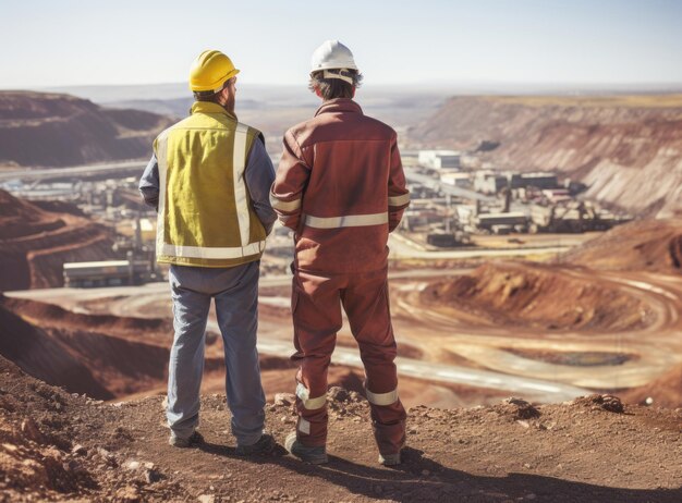 Ein Team von Ingenieuren steht in der offenen Grube und schaut auf die Baustelle