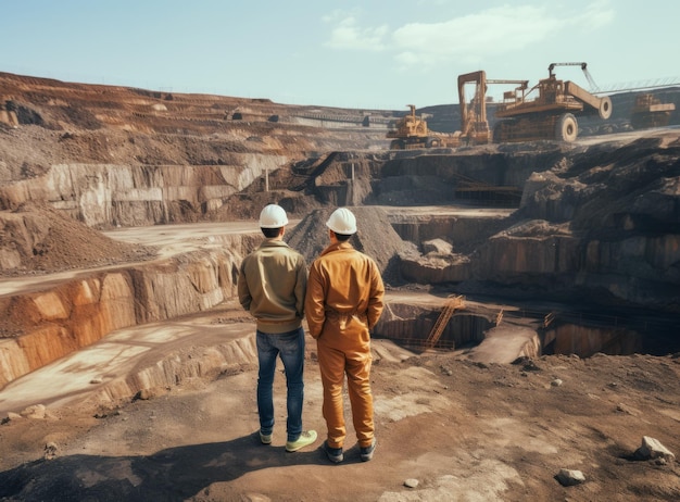 Foto ein team von ingenieuren steht in der offenen grube und schaut auf die baustelle