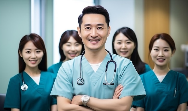 Ein Team von medizinischen Fachleuten, ein Arzt, eine Krankenschwester und ein Chirurg lächeln im Hintergrund des Krankenhauses.