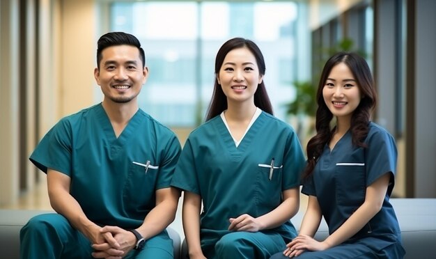 Ein Team von medizinischen Fachleuten lächelt im Hintergrund des Krankenhauses.