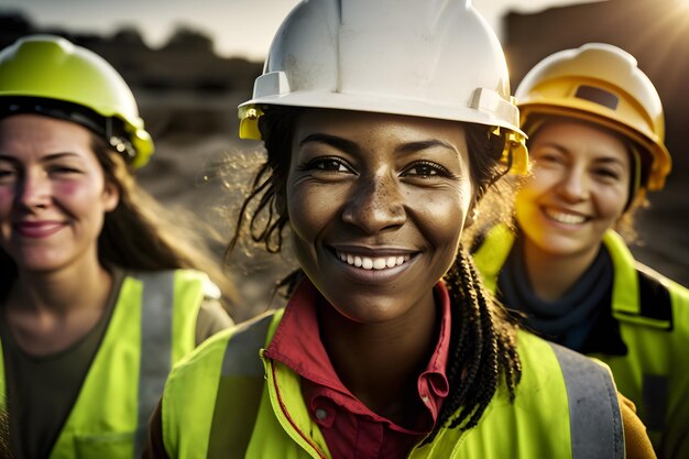Ein Team weiblicher Bauingenieure. Weibliche Managerinnen verschiedener Nationalitäten arbeiten zusammen. Ein neuronales Netzwerk wird von KI generiert