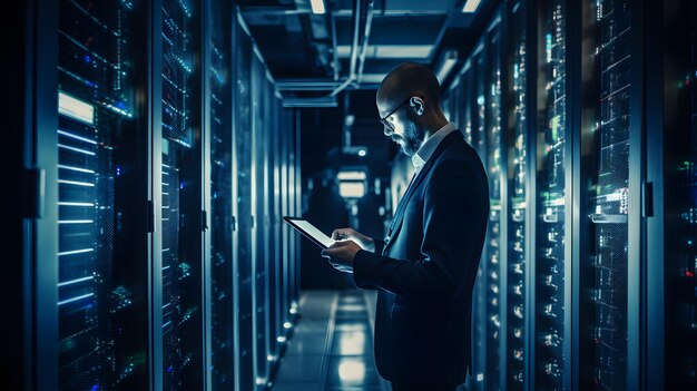 Ein Techniker analysiert Daten auf einem Tablet, während er neben Serverrecken in einem großen Rechenzentrum steht