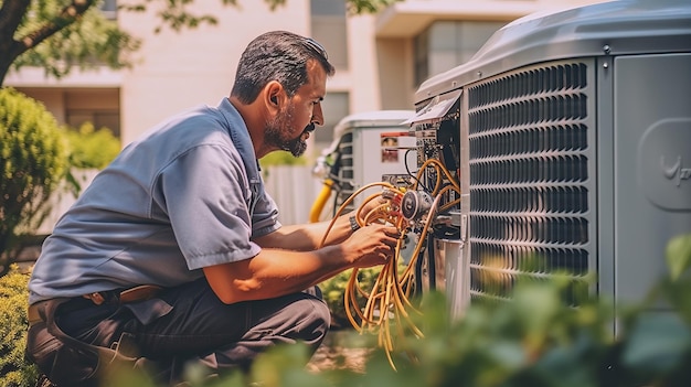 Ein Techniker arbeitet an einer Klimaanlage im Freien