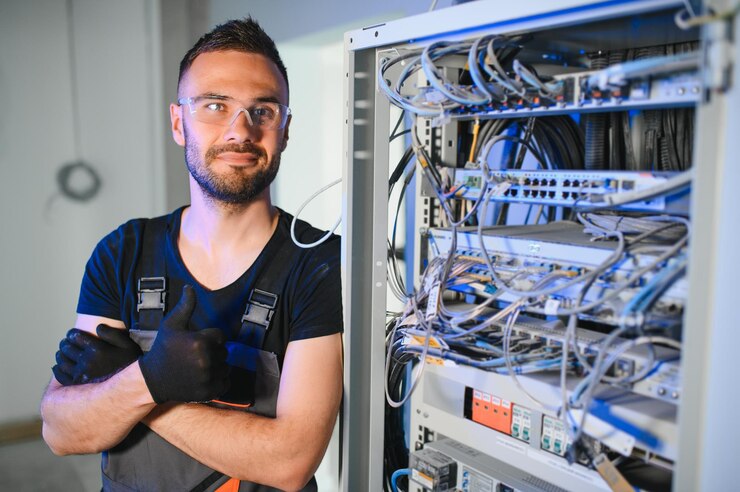 Foto ein techniker arbeitet mit server-ausrüstung in einem rechenzentrum ein mann schaltet drähte in einem serverraum