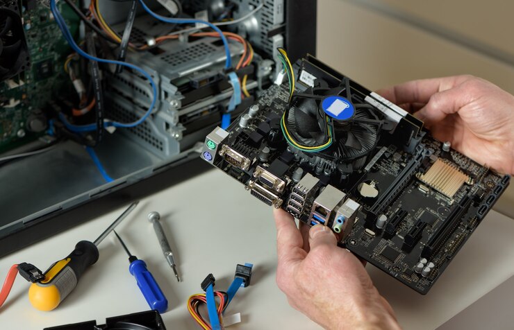 Foto ein techniker hält das mainboard in einem desktop-gehäuse aus der nähe