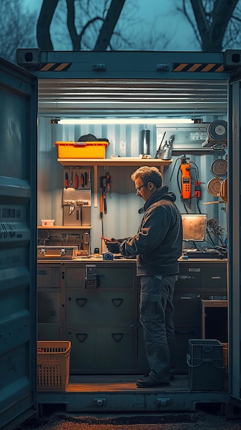 Ein Techniker in einem Behälter mit einem beweglichen Arbeitsbereich und einem öffnbaren Werkzeugkoffer