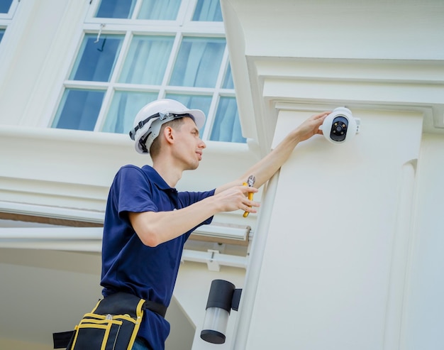 Ein Techniker installiert eine CCTV-Kamera an der Fassade eines Wohngebäudes