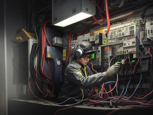 Ein Techniker stellt Glasfaserkabel in einen Serverraum ein. Ein junger Spezialist arbeitet mit Kommunikationen.