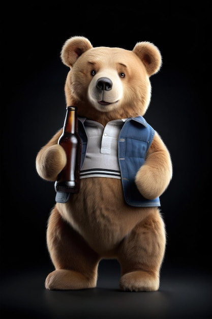 ein Teddybär, der eine Flasche Bier hält