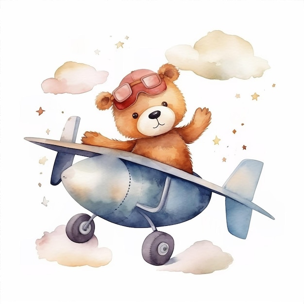 Ein Teddybär, der mit Helm und Schutzbrille in einem Flugzeug fliegt.