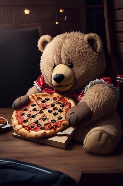 ein Teddybär, der Pizza isst