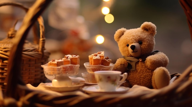 Ein Teddybär genießt eine Picknick-Teeparty mit Miniatur-Teetassen und Gebäck AIGenerated