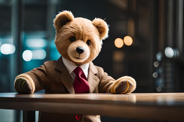 Ein Teddybär in Anzug und Krawatte sitzt mit einem Glas Wein an einem Tisch.