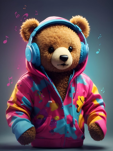 Ein Teddybär in einem bunten Hoodie mit Kopfhörern schüttelt den Kopf zum Rhythmus