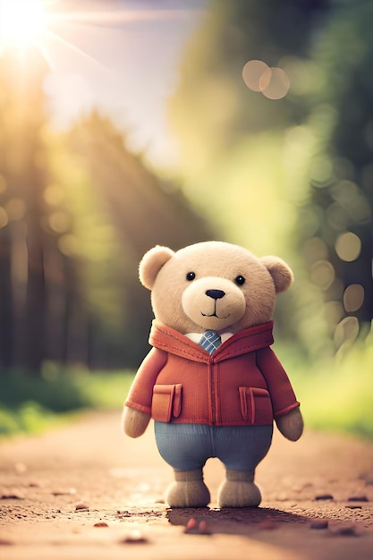 Ein Teddybär in roter Jacke und blauer Jeans geht auf einem Pfad im Wald spazieren.