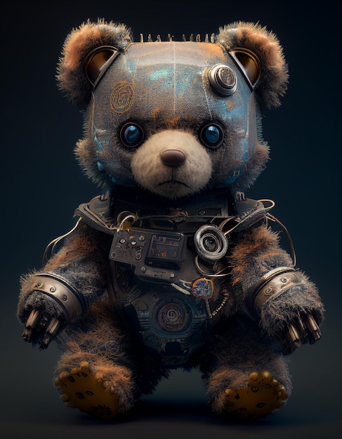 Ein Teddybär mit einem Roboterhelm und einem Helm, auf dem "Roboter" steht