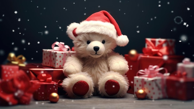 ein Teddybär mit einem Weihnachtsmannshut sitzt neben einem weihnachtsgeschenk