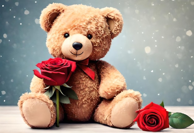 ein Teddybär mit einer roten Rose und einer roten Rosen