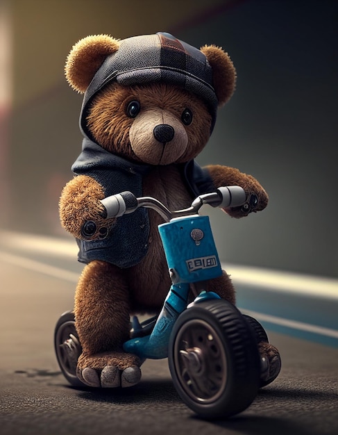 Ein Teddybär mit Helm und Jacke, auf dem „e“ steht