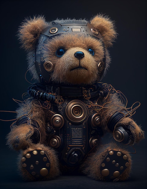 Ein Teddybär mit Helm und Knöpfen