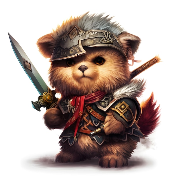 Ein Teddybär mit Schwert und Helm