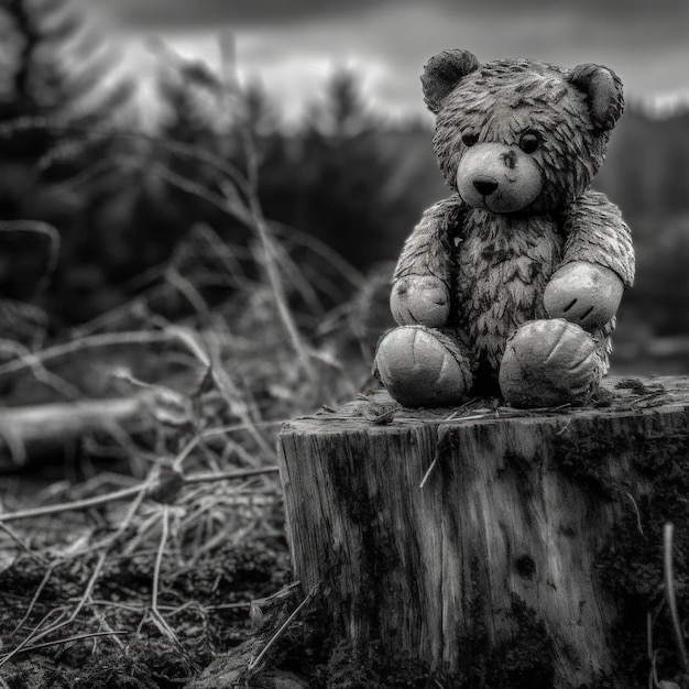 Foto ein teddybär sitzt auf einem baumstumpf im wald.